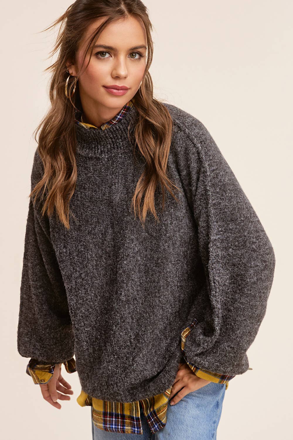 Balloon Sleeves Fall Winter Sweater: Charcoal Black