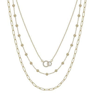 Triple Layered Chain and Rhinestone Circle Necklace