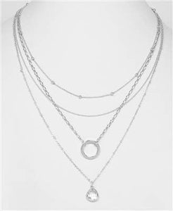 Silver Layered Chain w/ Open Circle & Stone 16"-18" Necklace