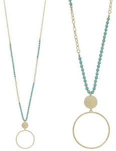 Mint Wood & Gold Beaded Necklace with Gold Circle Charm