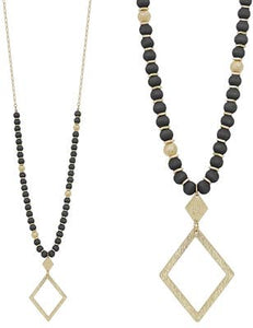 Black Wood Beaded w/ Open Gold Diamond Pendant Necklace
