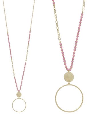 Pink Wood & Gold Beaded Necklace with Gold Circle Charm