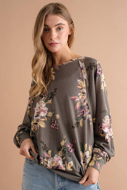 Floral Hacci Brushed Print Raglan Stitch Detail Top