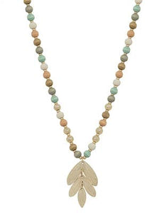 Multi Wood Beaded 16"-18" Necklace with Gold Leaf Pendant