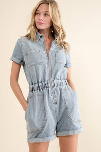 Garment Washed Elastic Waist Zip Up Utility Romper