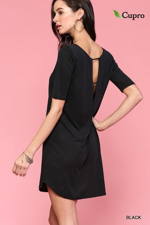 Wide Neck Elbow Sleeve Dress With Back Detail