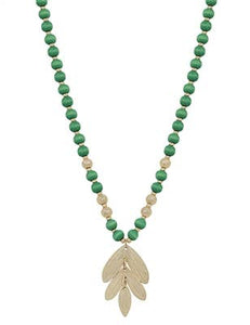 Green Wood Beaded 16"-18" Necklace with Gold Leaf Pendant