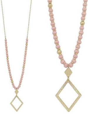 Pink Wood Beaded w/ Open Gold Diamond Pendant Necklace