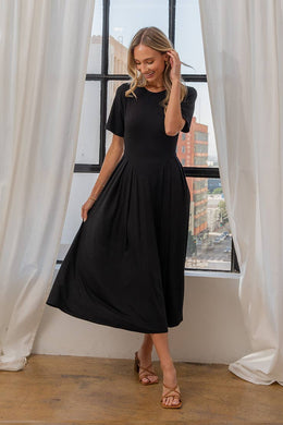 Solid Short Sleeve Maxi Dress with Open Low Back
