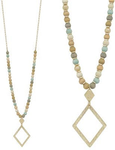 LightMulti Wood Beaded w/ Open Gold Diamond Pendant Necklace