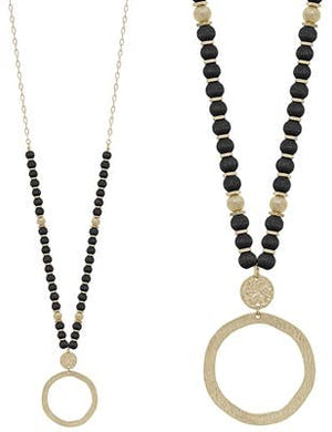 Wood Beaded with Hammered Gold Circle Drop Necklace