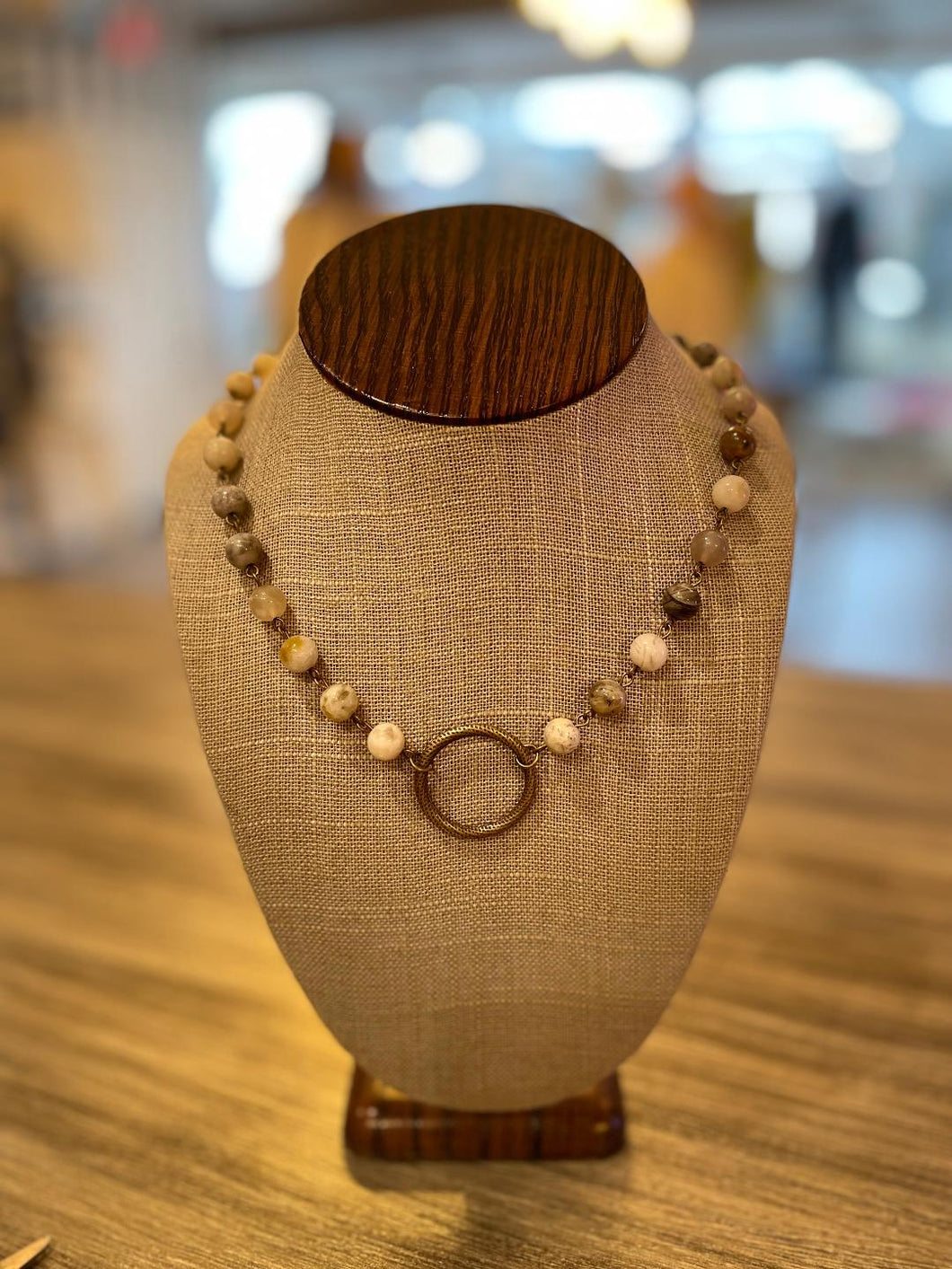 Natural Stone Beaded Necklace With Bronze Ring