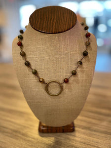 Natural Stone Beaded Necklace With Bronze Ring